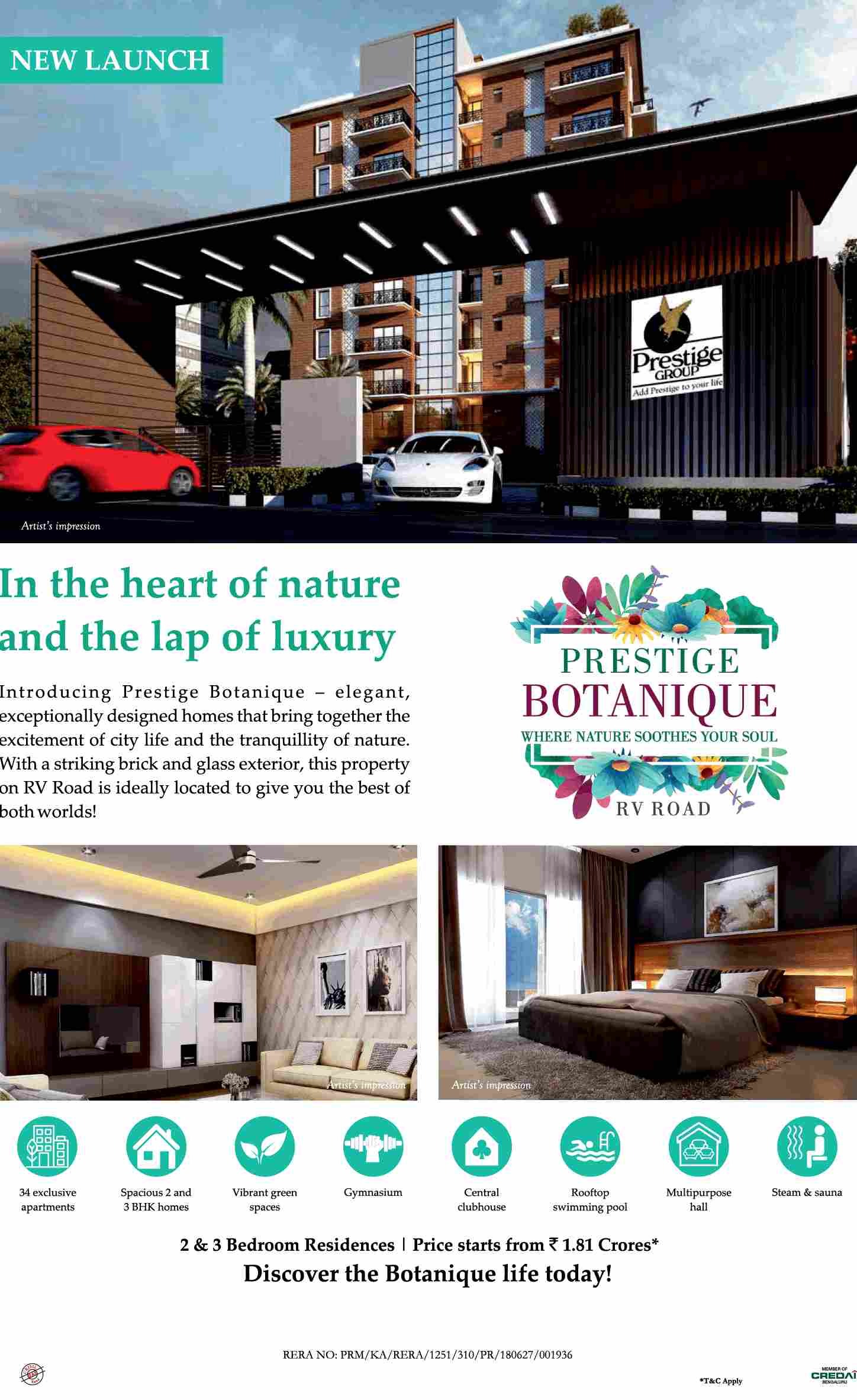 Book 2 & 3 bedroom residences @ Rs 1.81 cr at Prestige Botanique in Bangalore